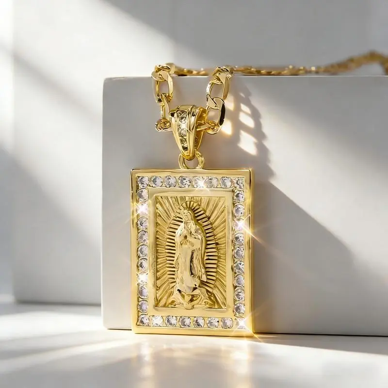 14K Gold Plated Our Lady of Guadalupe Pendant Necklace, Square Virgin Mary Minimalist Three-Dimensional Jewelry – 22 Inch Chain, Ideal Gift for Couples Friends Family for Daily Wear, Festival & Prayer