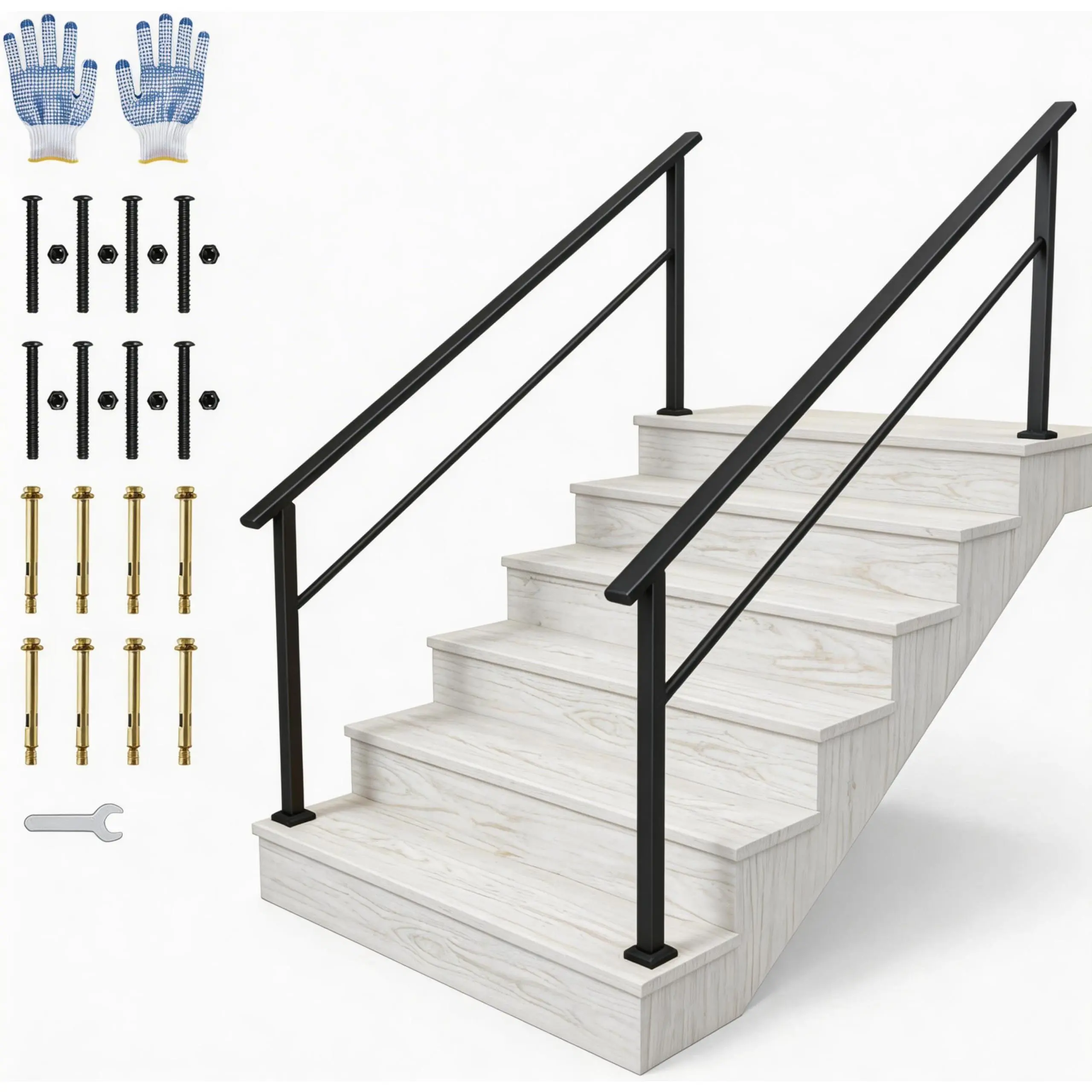 Stair Handrail Kit 2-Pack, Weatherproof Aluminum Railing with Iron Posts, Rust-Resistant for Porch, Deck & Steps