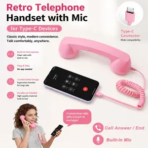 Vintage Classic Wired Phone Receiver with Microphone, Type-C Direct Plug, Volume Control, Ergonomic Design, Multiple Colors