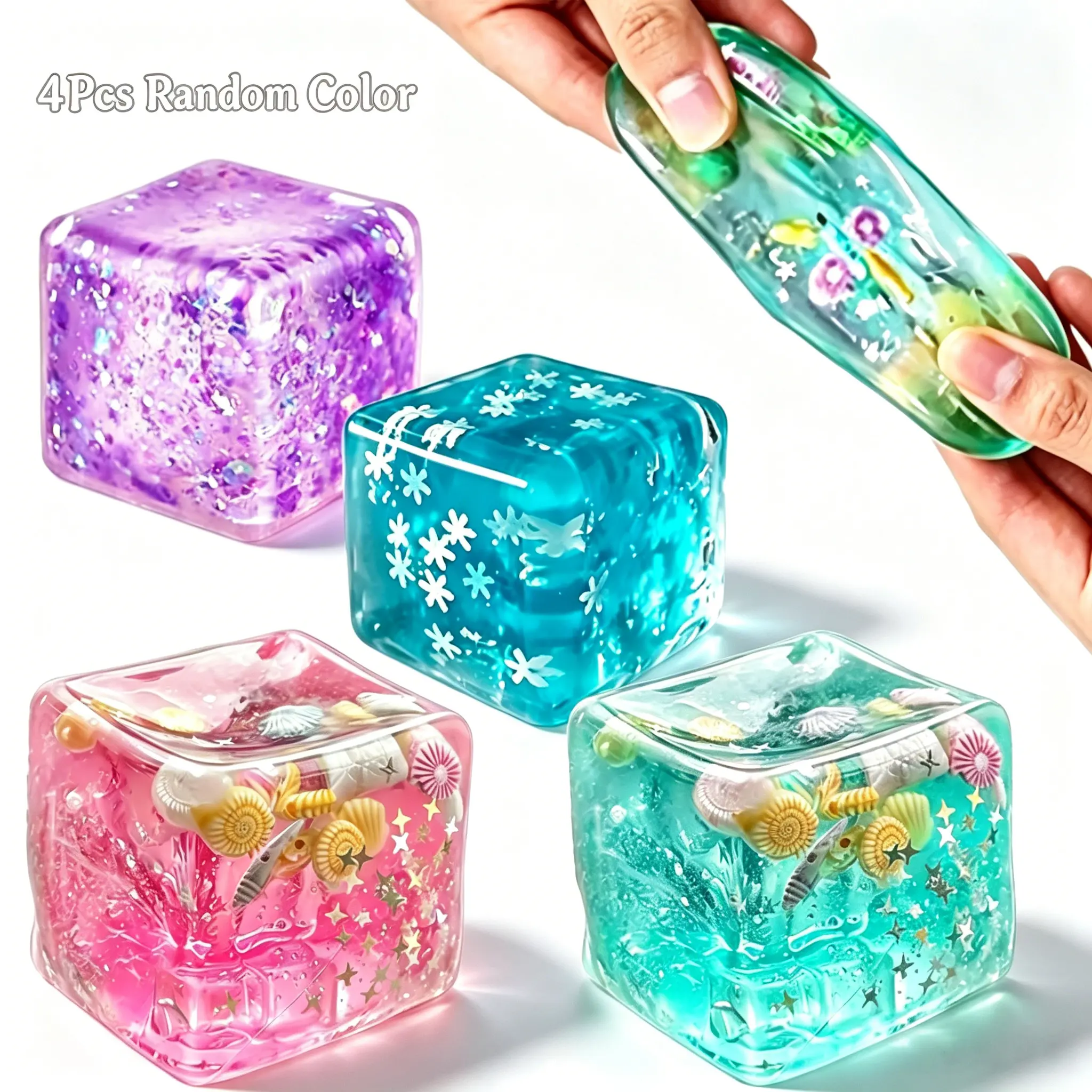 4 Pcs Cube Ice Cube Squishy Fidget Toys, Glitter Squeeze Sensory Toys, Sparkly Squishies, Ocean Square Stress Relief Squishies for Kids & Adults, Anxiety Relief Desk Decompression Toy, Party Favor Gifts, Random Colors