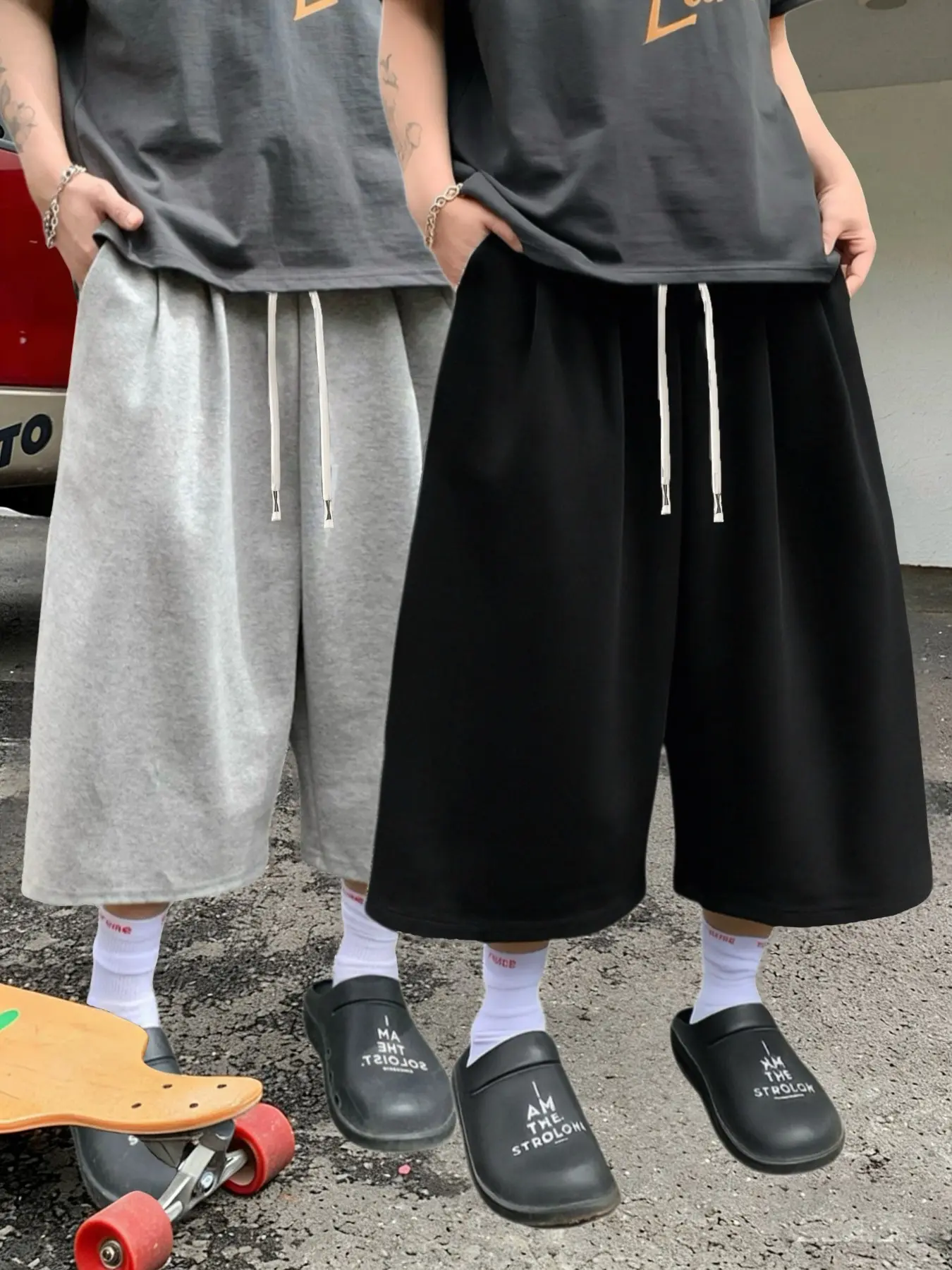 Soft Polyester 2 Colors Men Elastic Drawstring Gaucho Pants, Solid Plain Loose Wide Leg Capri Smartypants, Casual Royal Ascot Outfit Bottoms, Menswear Clothing, Ropa De Hombre, Uomo Mens Clothing, For Street Y2K Summer Daily Home Workout