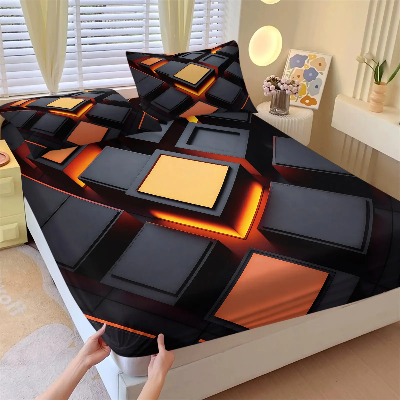 3D Orange Light Textured Square Print Fitted Sheet Set 3-Piece-High Elastic Soft Ultra-Fine Fiber Mattress Protector-Warm Industrial Style Bedding-For Boys Teenage Gamers Bedroom Dorm Gaming Room Decor