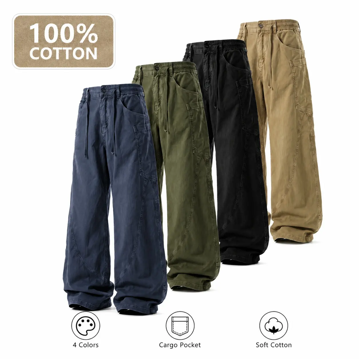 Men’s 100% Cotton Cargo Trousers - 1/2PCS Plain Mid Waist Relaxed Straight Fit Utility Pants, All Season Streetwear, with Curved Seam, Drawstring, Side Pockets, Cargo Pants, Menswear, Soft, Casual, Elastic, 2 Pieces - Blue + Olive Green, Men’s Clothes, Lo