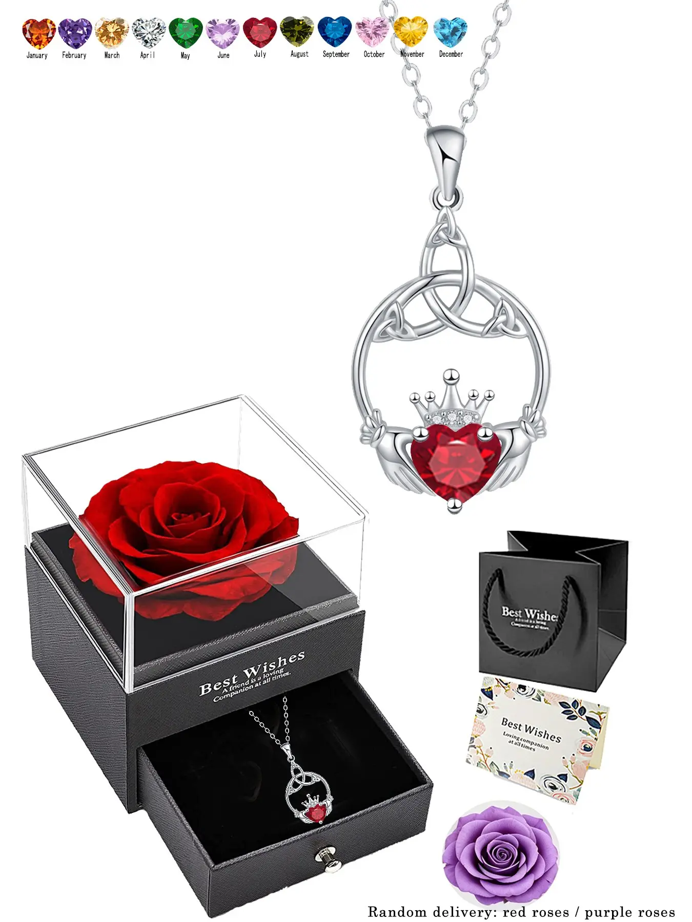 Irish Celtic Necklace Heart Crown Pendant Adjustable Collarbone Chain, Eternal Flower Rose Gift Box, Perfect for Wife Girlfriend Birthday Christmas