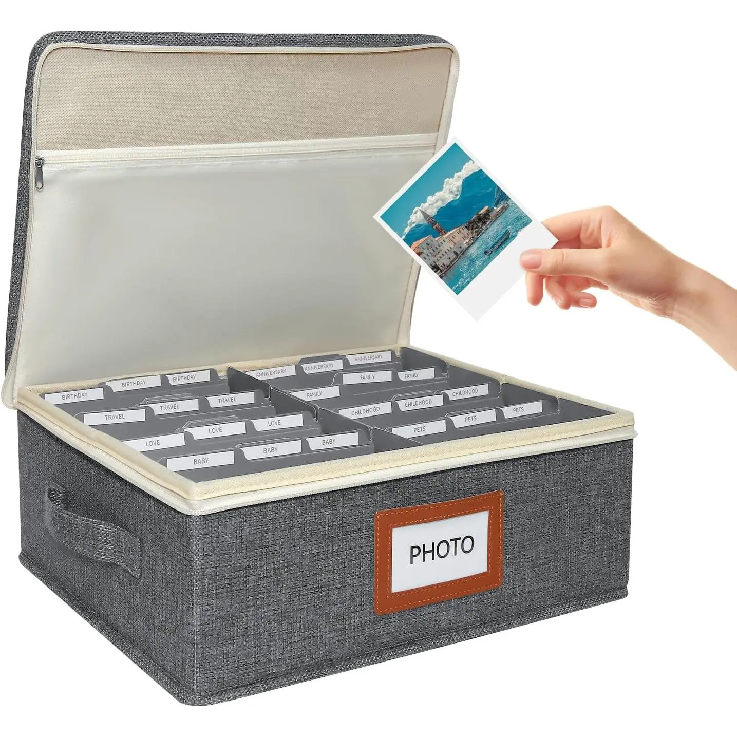 Linen Photo Storage Box with Zipper Lid & Side Handle and Adjustable Dividers,Holds Up to 2000 4x6 Pictures, Memory  Box for Wedding,, Cards, , Grey