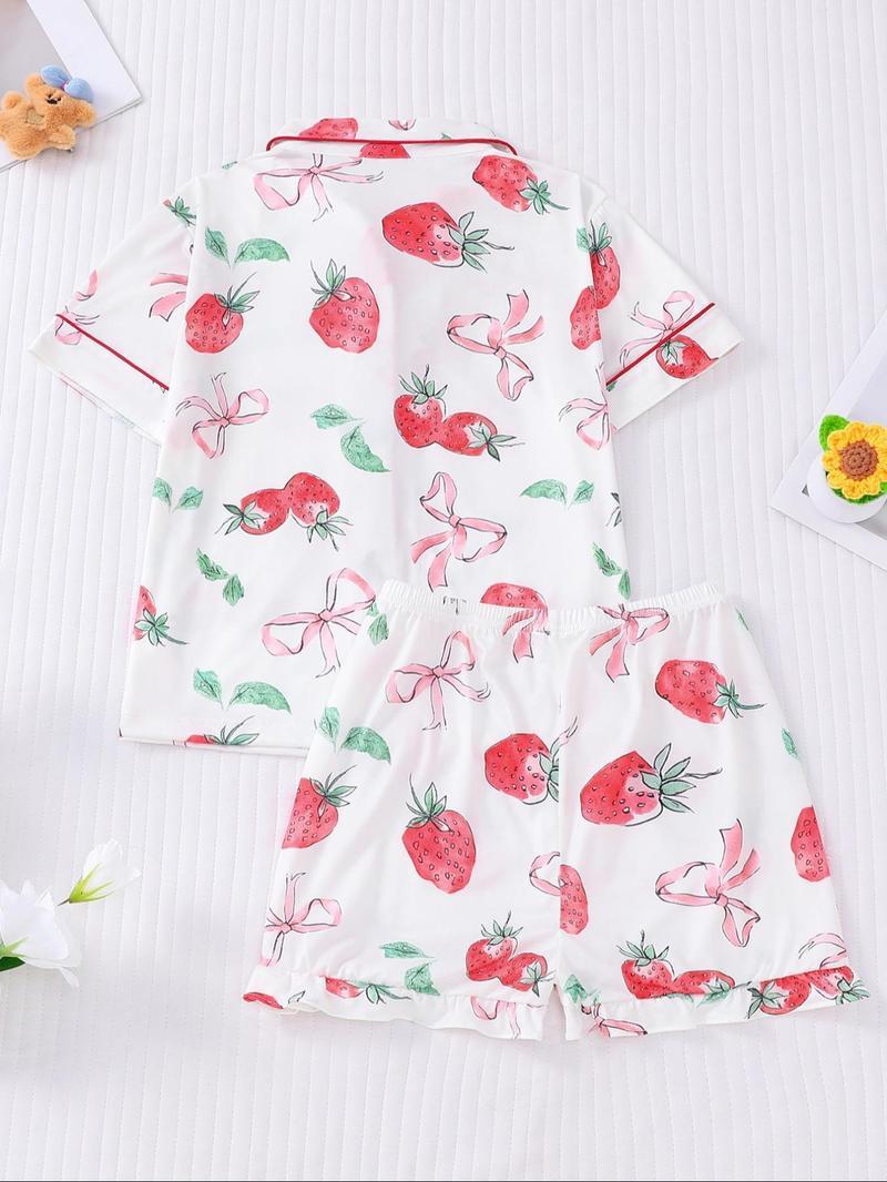 Girl's Bow Print Top & Shorts Pyjama Sets, Cute Casual Comfy Short Sleeve Top & Shorts Set, Kids Sleepwear for Summer, Pajama Set