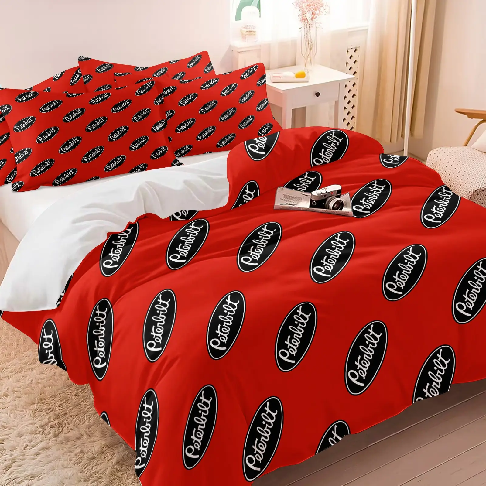 Red Background Peterbilt Logo Print Bedding Set (1 Duvet Cover + 1/2 Pillowcases), Classic Truck Brand Pattern, Soft Comfy All Seasons Macho Vibes Bedding Set, Ideal for Truck Lovers Bedroom Dorm Decor