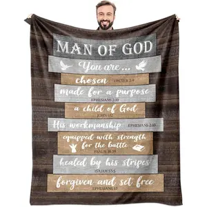 Man Of God Bible Verse Flannel Throw, Chosen Child Of God Soft Warm Blanket, Cozy Christian Gift for Him Dad Husband, Couch Sofa Bed Rustic Faith Decor, AC Summer Nap Blanket, Father's Day Birthday Christmas Gift for Believers