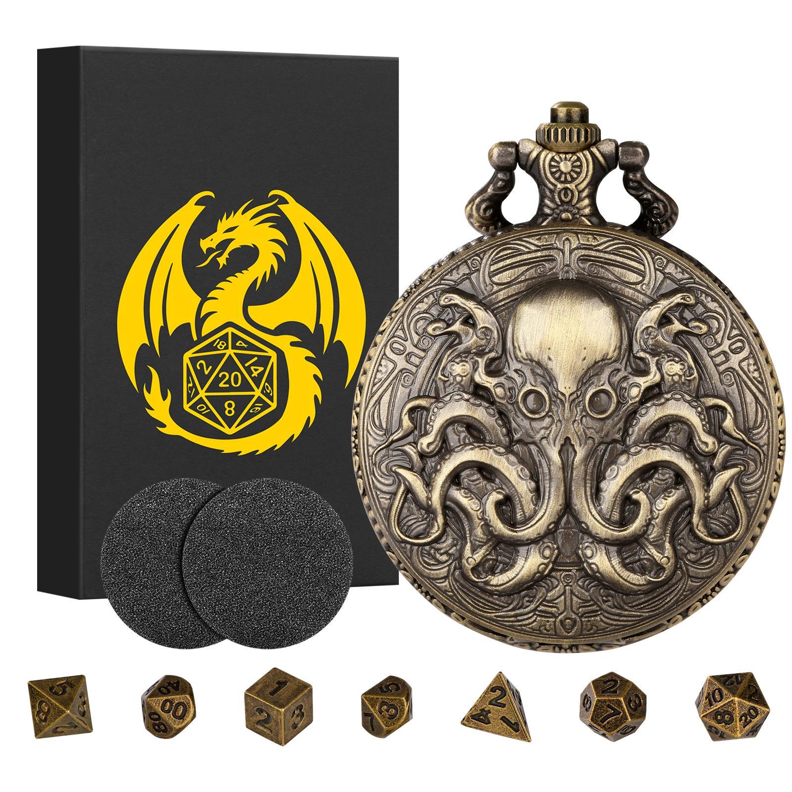 Double Eye Octopus Design Pocket Watch with Chain & Dice Set, 1 Set Role Playing Game Accessories, Cosplay Game Accessories