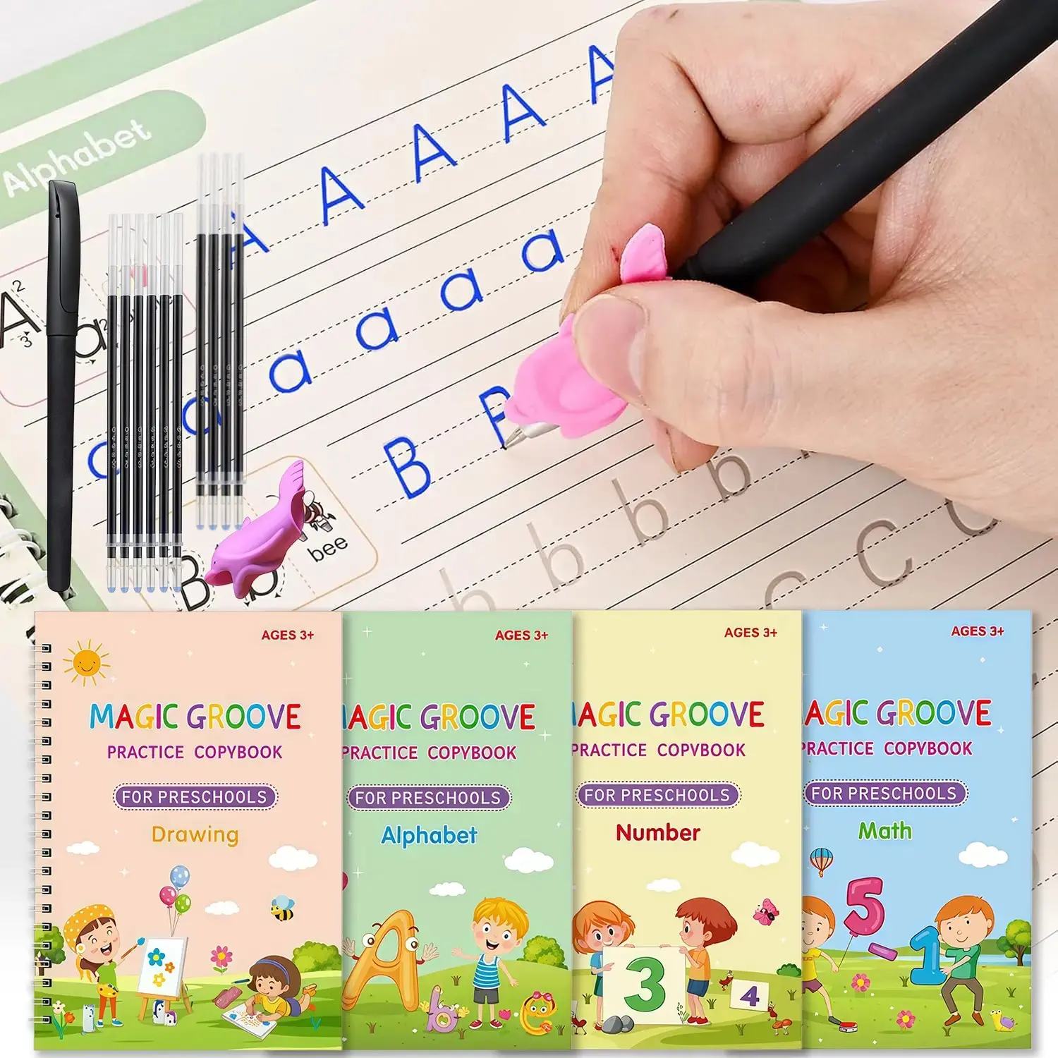 4-Pack Magic Groove Practice Books, Reusable Writing Workbook, Large Size Calligraphy Set, Ideal for Kindergarten Kids Learning Numbers Letters Math Drawing Tracing