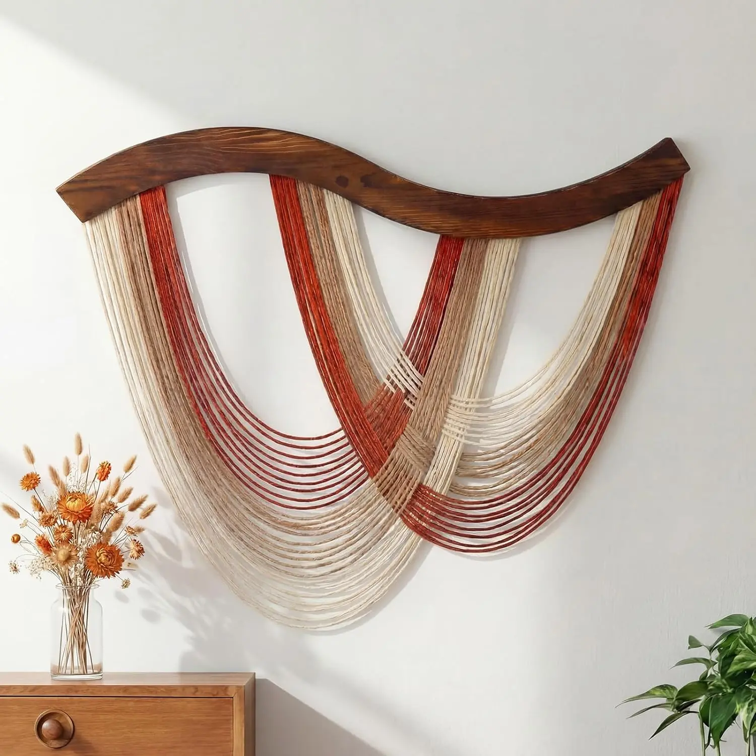 Mindsoft Wooden Macrame Wall Hanging - Dip-Dyed Cotton Rope, Lightweight Minimalist Neutral Smooth Natural, Decorative Modern Bohemian Handmade Tapestry, Double Curve, Spot Clean Home Decor for Bedroom, Living Room (31.5x23.6in) with Hook