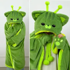 Cartoon Cute Alien Cat Hooded Blanket Plush Cloak For Winter Green Flannel Wearable Robe With Gloves Home Office Nap Girls Gifts
