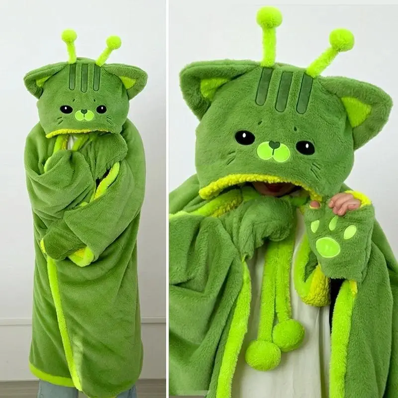 Cartoon Cute Alien Cat Hooded Blanket Plush Cloak For Winter Green Flannel Wearable Robe With Gloves Home Office Nap Girls Gifts