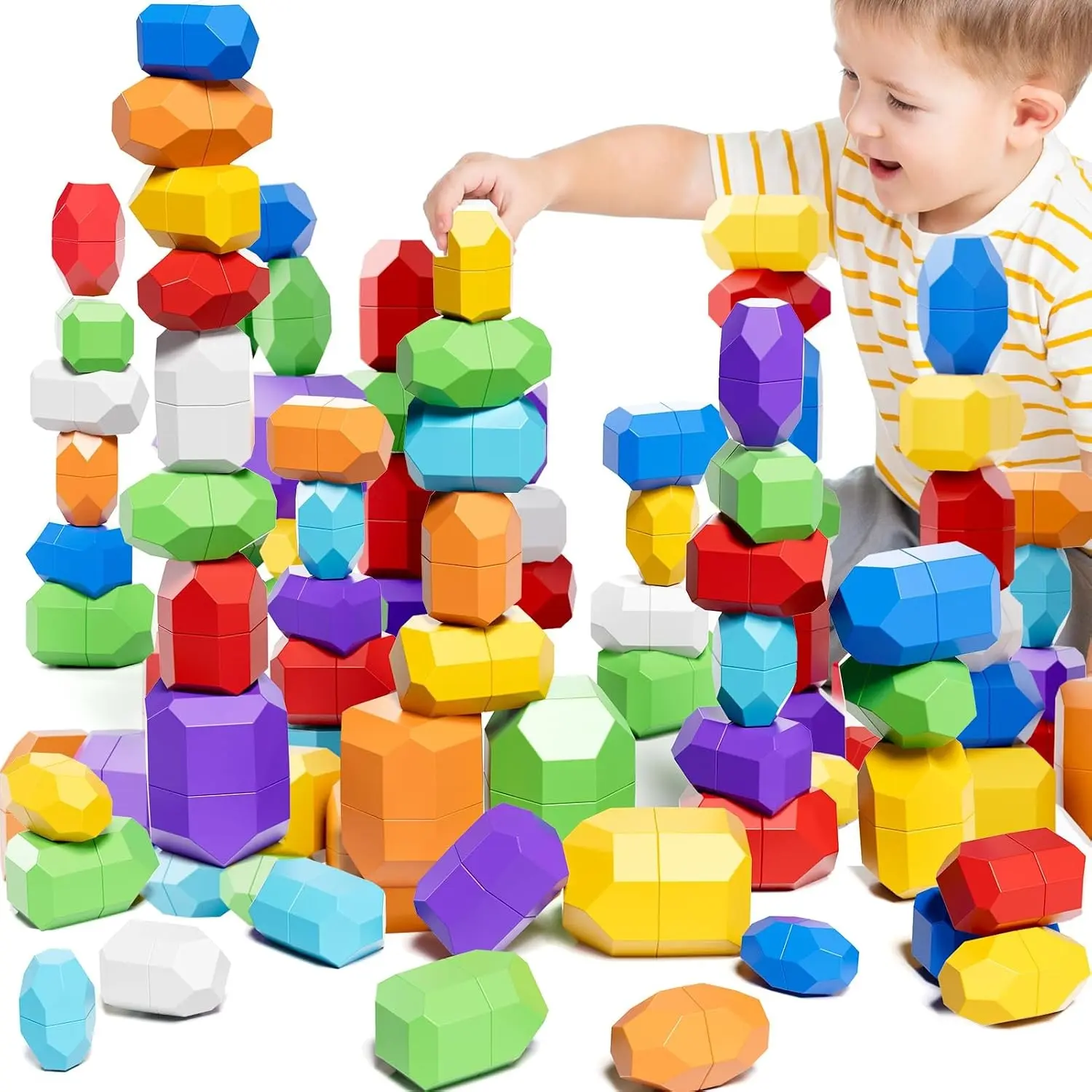 50 PCS Extra-Large Stacking Rocks Toys for Age 1-3 2-4, Safe Montessori Stacking Building Blocks Stones Toddlers Toy for 1 2 3 4 Year Old Boy Girl, Sensory Toys Gifts for Kids Age 1-2 2-4