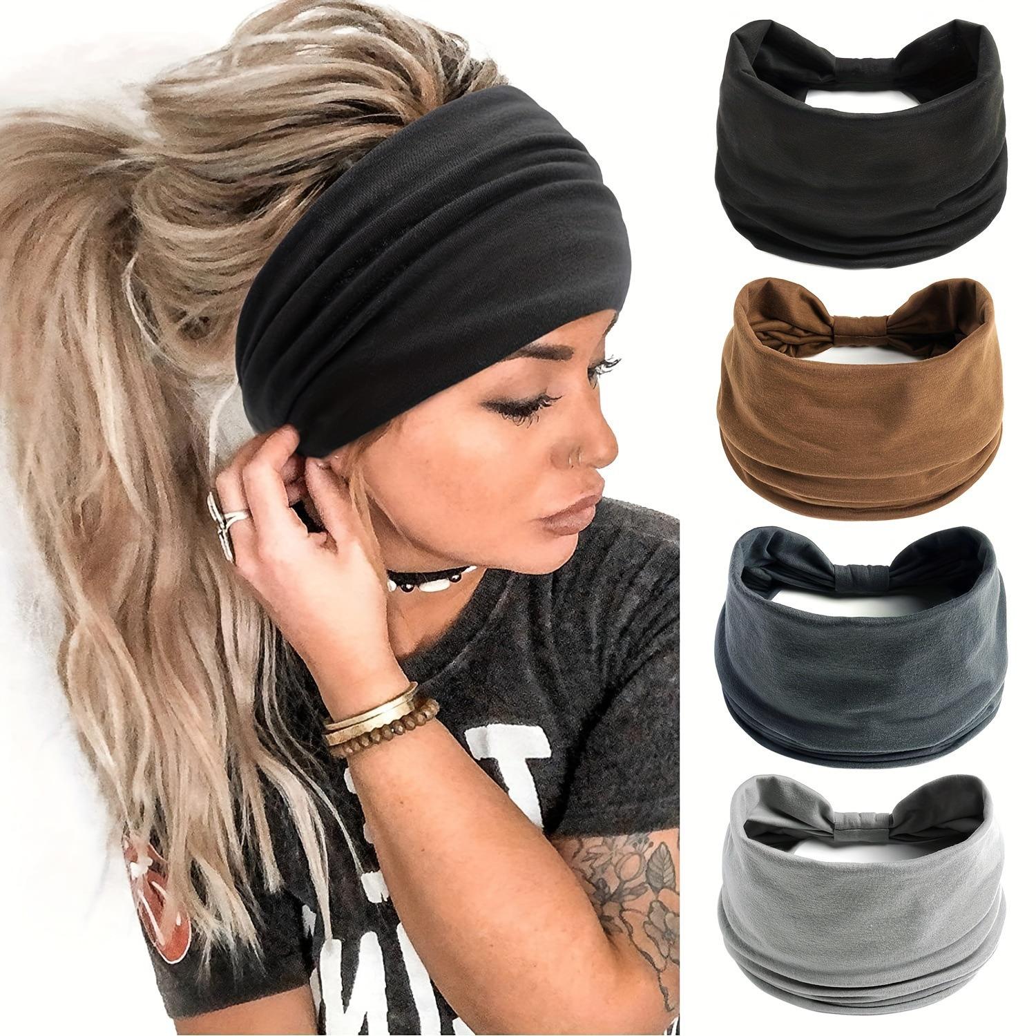 4pcs Headbands for Women, Wide Elastic Head Bands, Non-Slip Thick Hair Bands, Sports Stretchy Sweat Bands, Large Knotted Soft Headband for Washing Face, Makeup, Workout, Spa, Running, Fashion