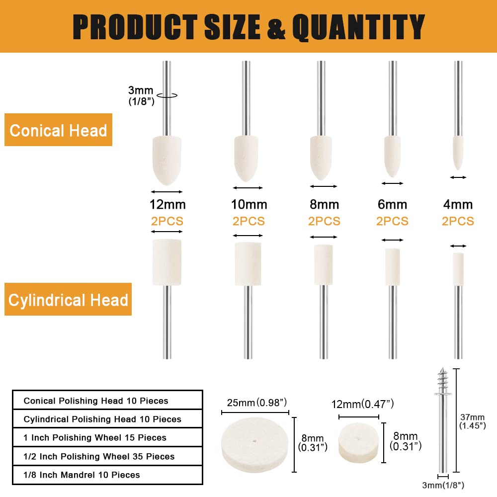 80 count Polishing Buffing Wheel for Dremel Polishing Kit,  Felt Polishing Wheel for Dremel Rotary Tool Accessories, with 1/8" Shank for  Metal Polishing