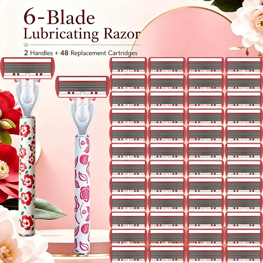Vintage Floral Women's Shaving Kit, 2 Non-Slip Handles, 48 Replacement Heads, Gentle Hair Removal, Easy Hair Removal, Dry/wet Use, Perfect Gift