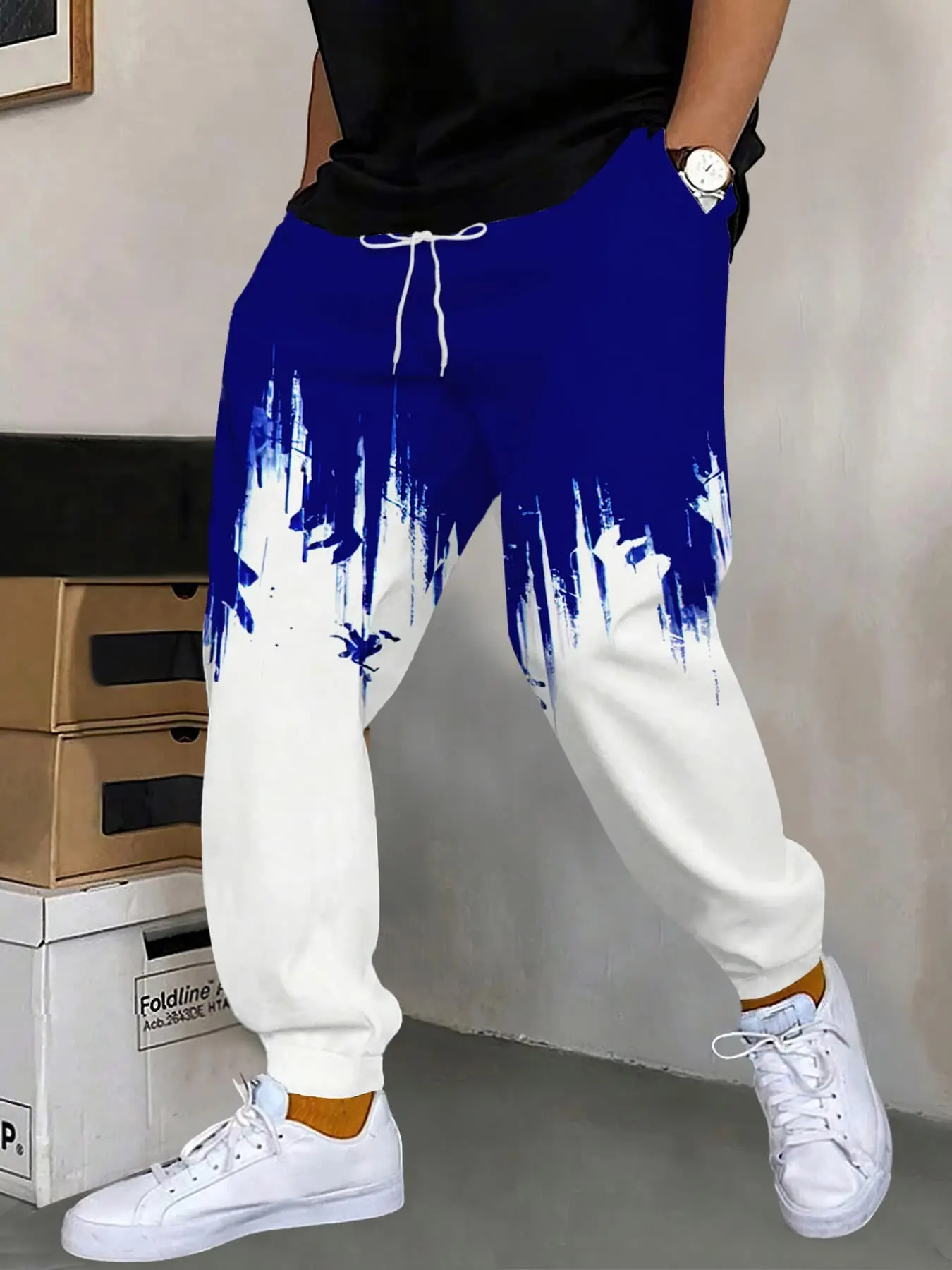 Vintage Ink Drip Gradient Joggers Men Abstract Art Print Drawstring Waist Street Fashion Casual Track Pants
