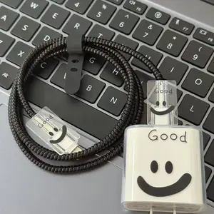 Smiley Face Charger Protector Set, for iPhone 18/20w USB-C, Spiral Cable Wrap, Minimalist Smile Print, Anti-Break Coiled Cord Saver
