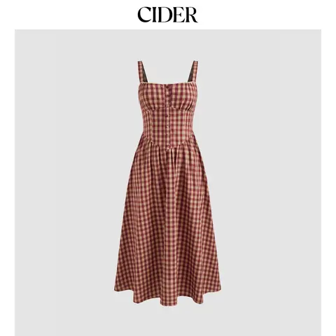 Cider Cotton-blend Square Neck Gingham Maxi Dress