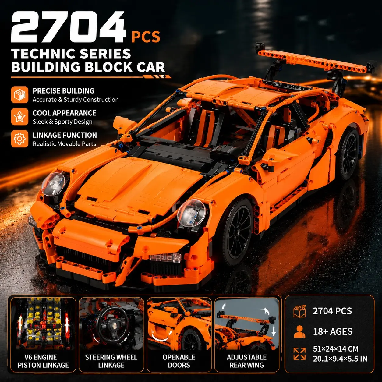 2704PCS Technic Racing Car Building Blocks Set, Supercar Model Kit with V6 Engine Linkage, Steering Wheel, Openable Doors & Adjustable Rear Wing, Adult Collectible Construction Toy