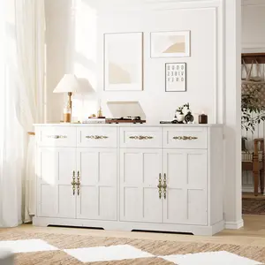 63 Inch Large Buffet Sideboard with Storage 36 Inch Tall Kitchen Buffet Cabinet with 4 Drawers Modern Coffee Bar Table with Gold Handles