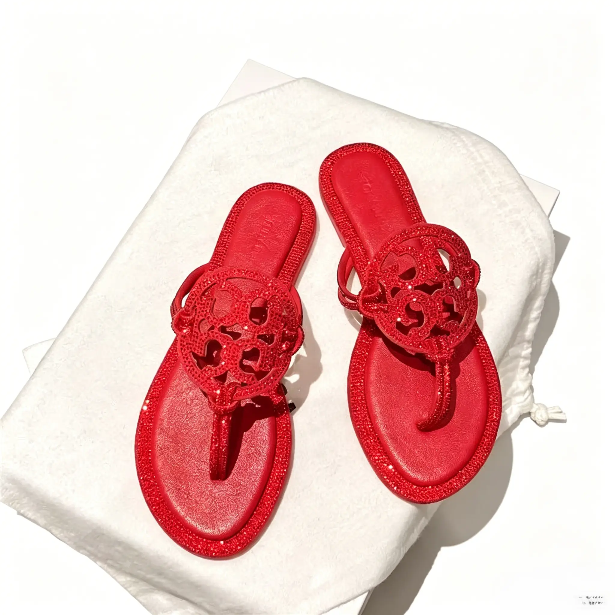 Womens Bright Red Rhinestone Thong Flat Sandals, Hollow Circular Crystal Logo Flip Flops, Full Diamond Trim Slip On Sparkly Sandals with Soft Cushioned Sole for Summer Daily Beach Wedding Party red rhinestone thong sandals #Red S
