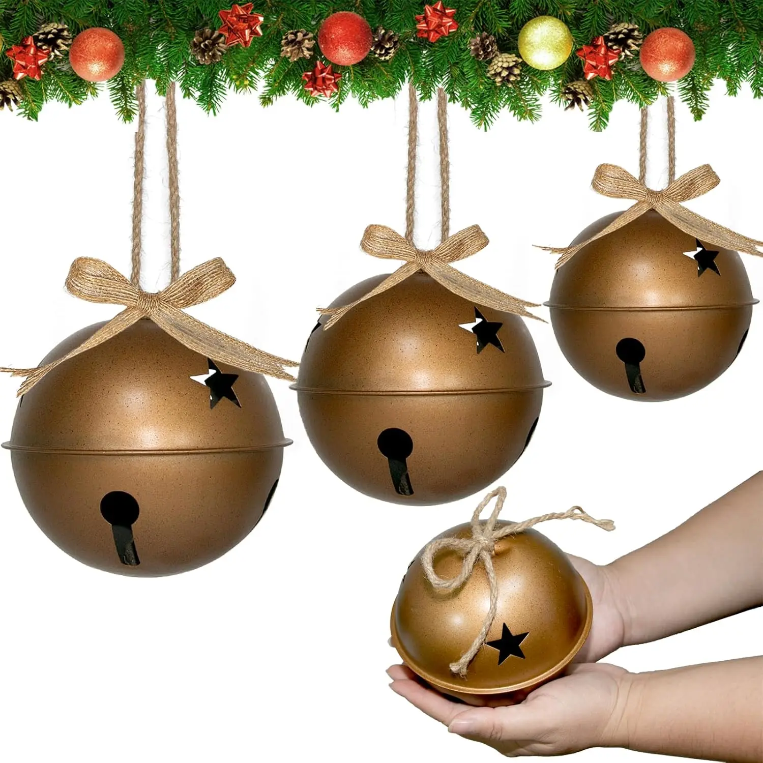 3Pcs Large Vintage Christmas Bells Ornaments Set, 5.5" 4.7" 4" Jumbo Rustic Jingle Bells with Jute Hanging Rope and Ribbon for Christmas Tree Door Home Garden Decor DIY Craft