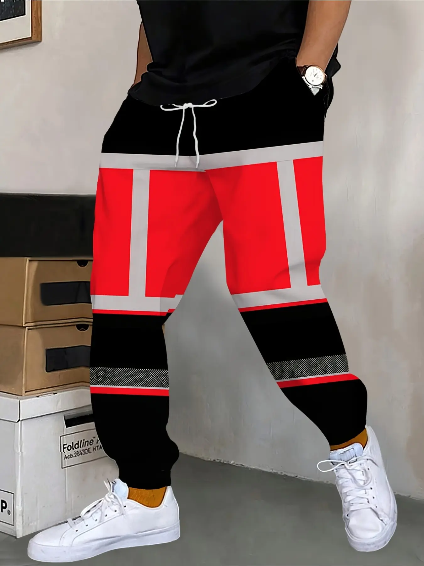 Men's Fluorescent Print Cargo Pants, Drawstring Jogger Long Pants, Activewear, Loose-Fit Casual Fall Fashion, All over Print Workwear