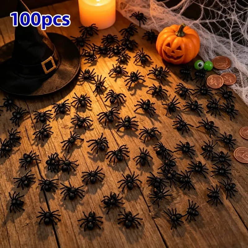 Spider Decoration, 100pcs/set Mini Simulation Spider, Plastic Spider Ornament, Decorative Ornaments, Halloween Decoration, Decoration Props, Party Decoration, Home Decor