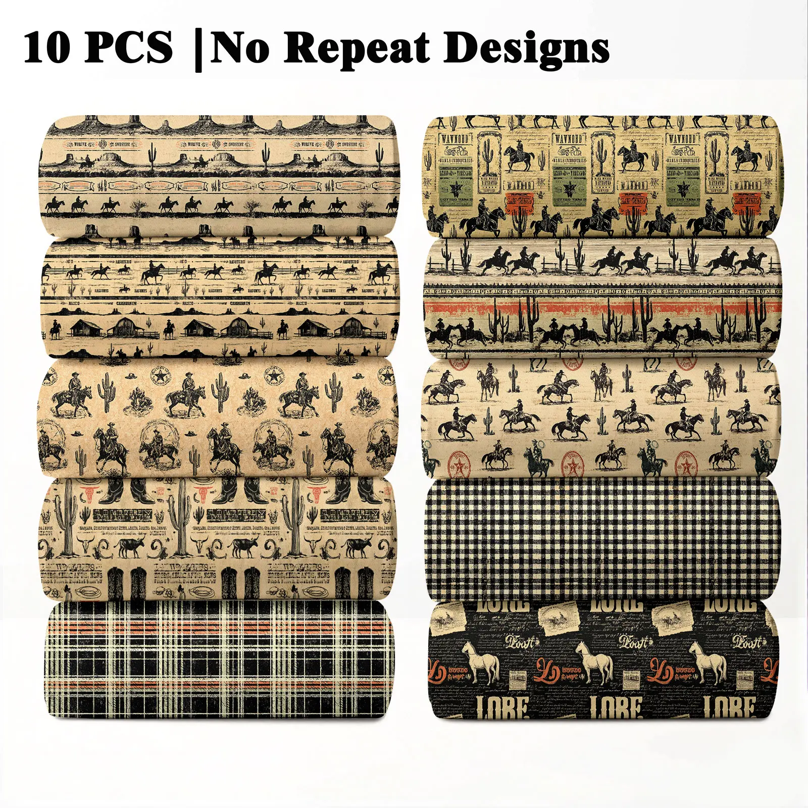 10PCS Vintage Cowboy Print Cozy Comfy Fabric, 23x55cm (9x22in) Classic Vintage Western Pattern Quilting Home Decor DIY
