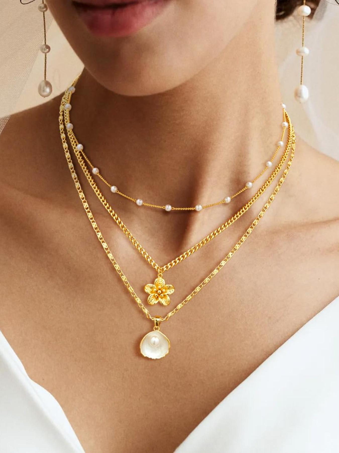 Hothty Gold Layered Charm Necklaces for Women, Dainty Stackable Simple Waterproof Choker Necklace Seashell Pearl Beach Necklaces Set Jewelry Gifts Pearl Chain Necklace