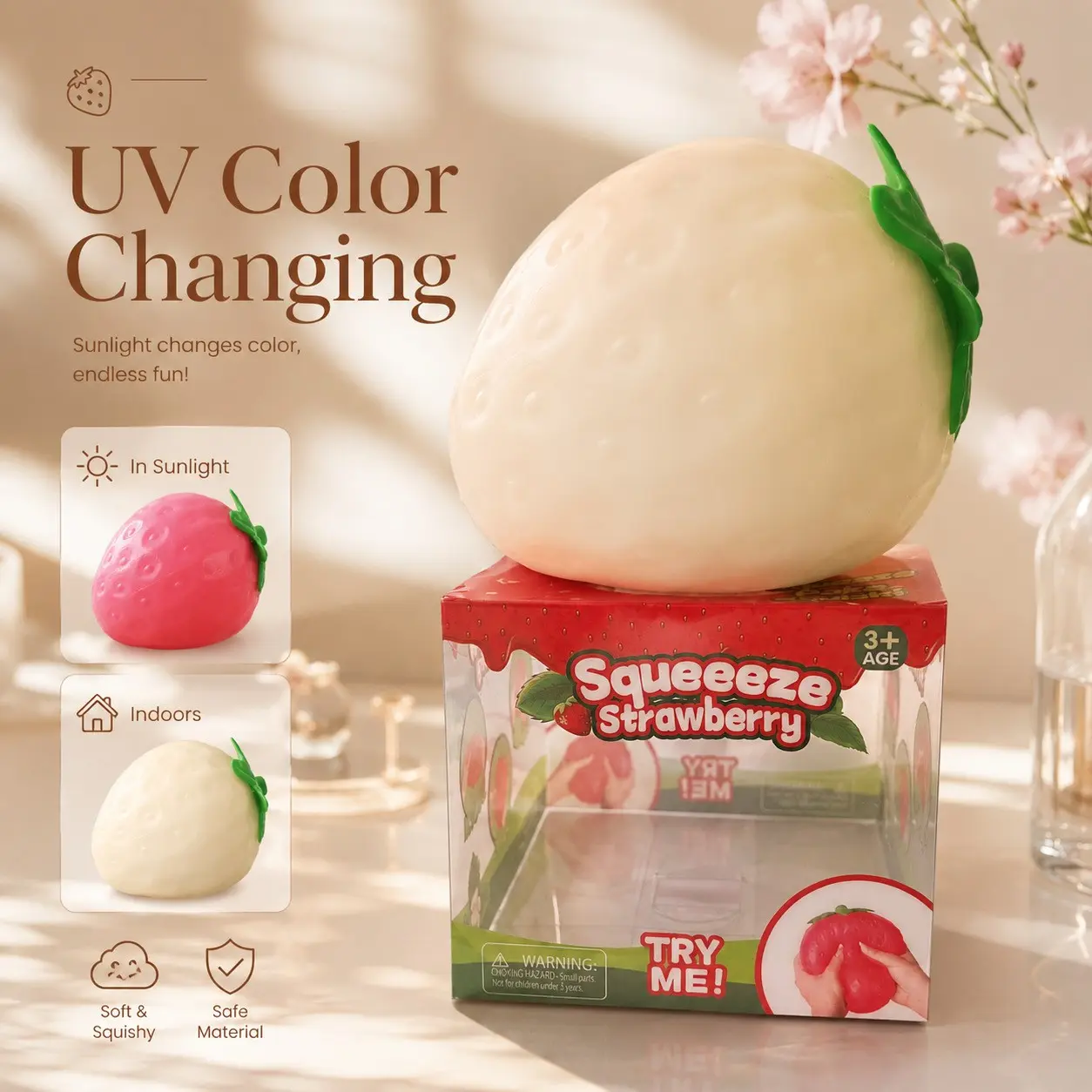 Large Light-Sensitive Color-Changing Strawberry Stress Ball, Soft PU Material, Fun Decompression Toy, Perfect Gift for All Ages