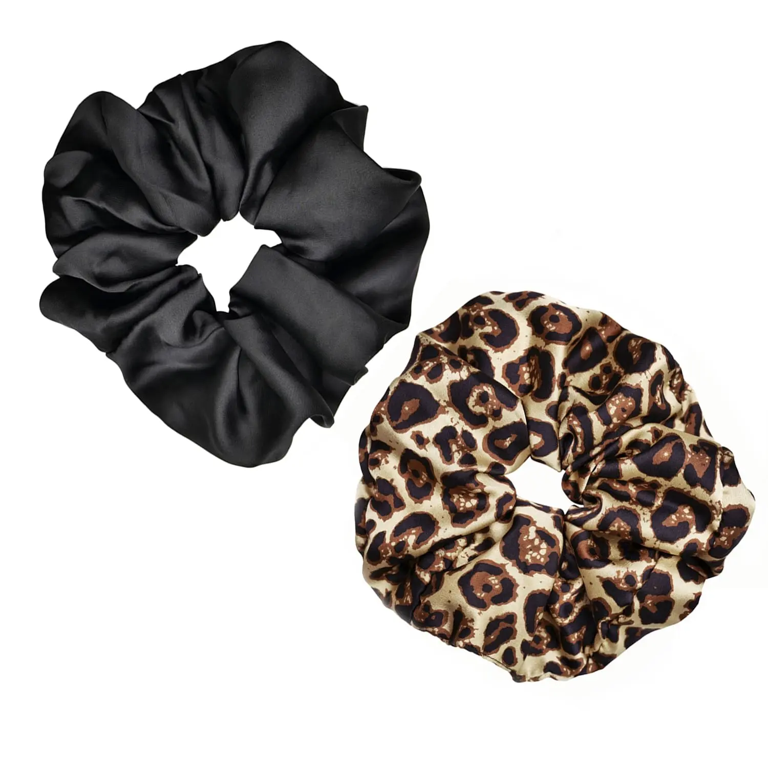 Satin Scrunchies for Women - 2 Pack  Hair Ties Accessories, Big Silk-Like Ponytail Holders, No- Hair Elastics for Thick Curly Hair, Black & Leopard Printed