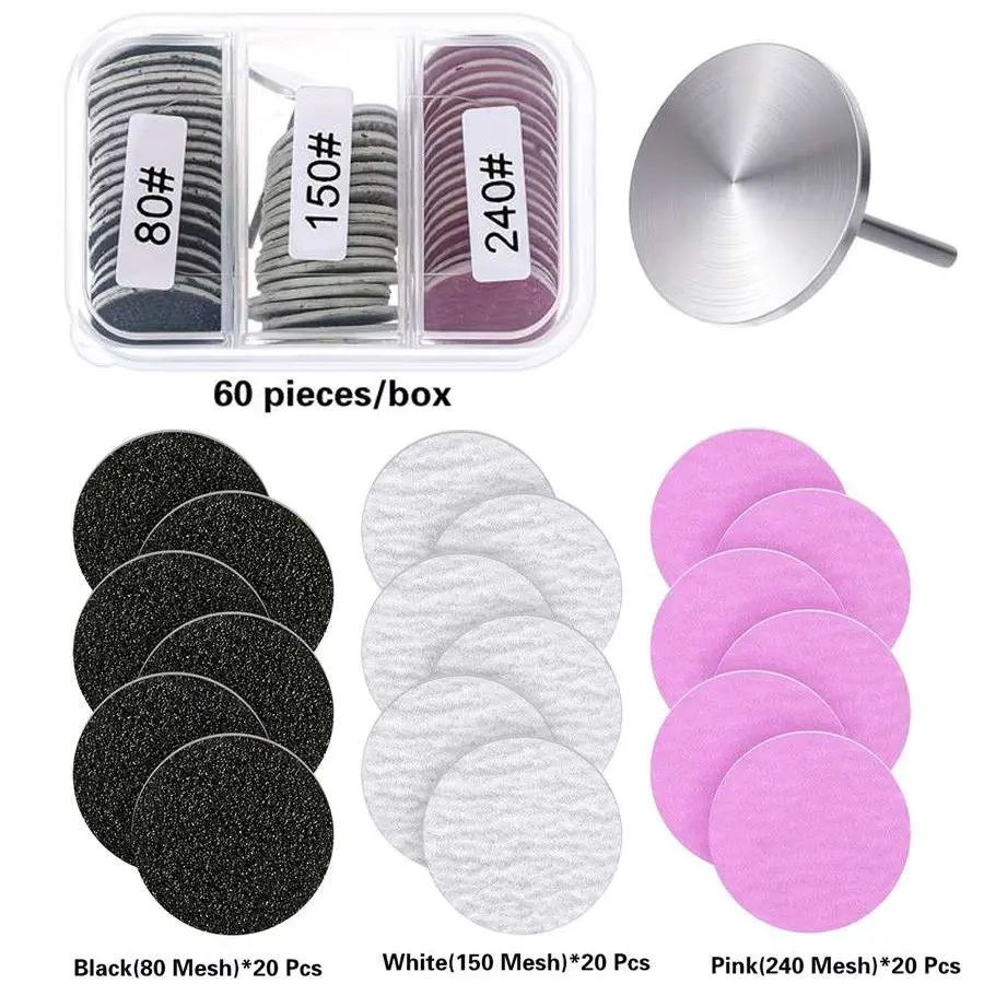 (#80#150#240Grit)60Pcs Sanding Paper with 1pc Metal Disc Nail Drill Bit 25mm Pedicure Disc Replacement Sanding Discs Bits for Nail Drill Foot Files Electric Remover Dead Manicure Tool Accessories