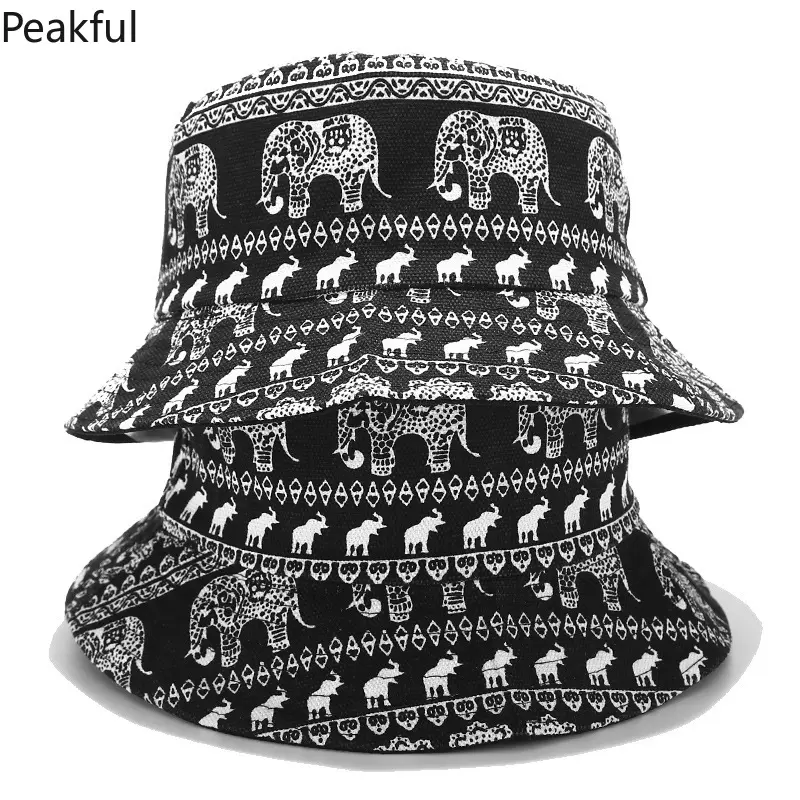 New Elephant Print Reversible Bucket Hat for Women Men, Boho Canvas Summer Cap with Adjustable Fit, 2-in-1 Foldable Sun Hat for Beach, Travel & Casual Style