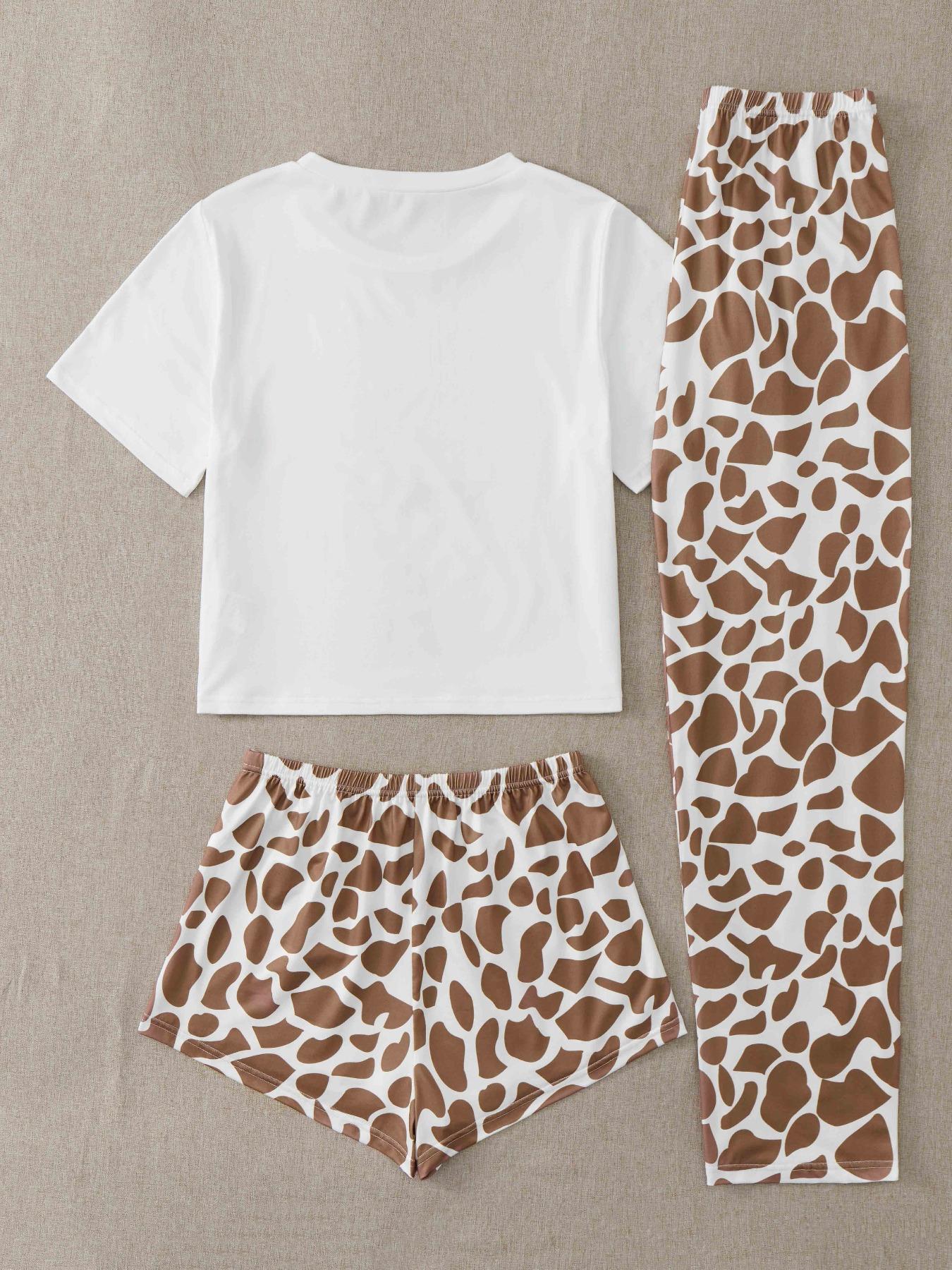 Three-Piece Set Women's Cute Cartoon Sloth Print Tee & Shorts & Pants Pyjama Set, Casual Comfy Crew Neck T-Shirt & Shorts & Trousers PJ Set, Summer Clothes Women, Summer Outfits 2024, Pajamas Lounge Set