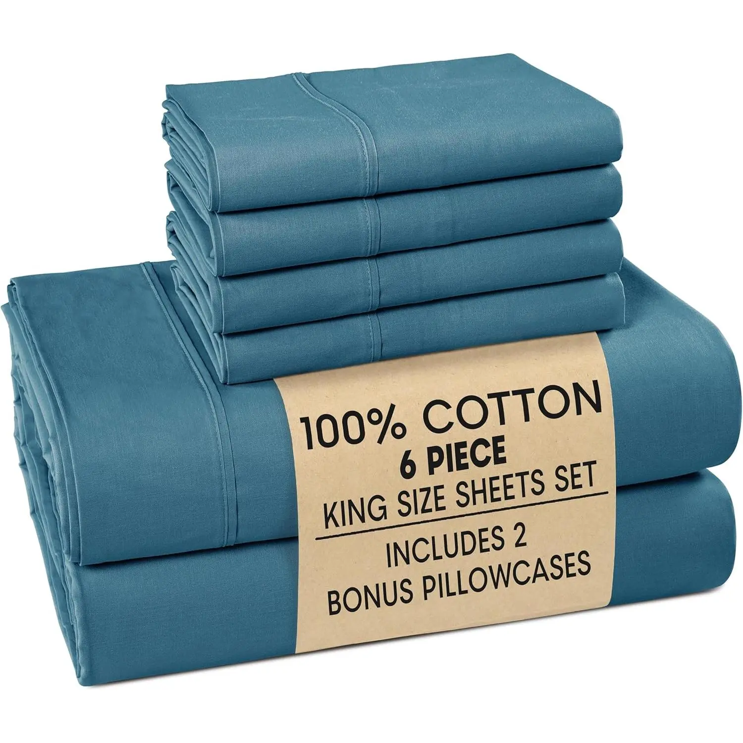 King Size 100% Cotton Bedding Sheet Set - 4 Pillowcases, 15" Deep Pocket Fitted Sheet, Ultra Soft, Cozy, Lightweight, Breathable, Everyday Use - Blue Heaven