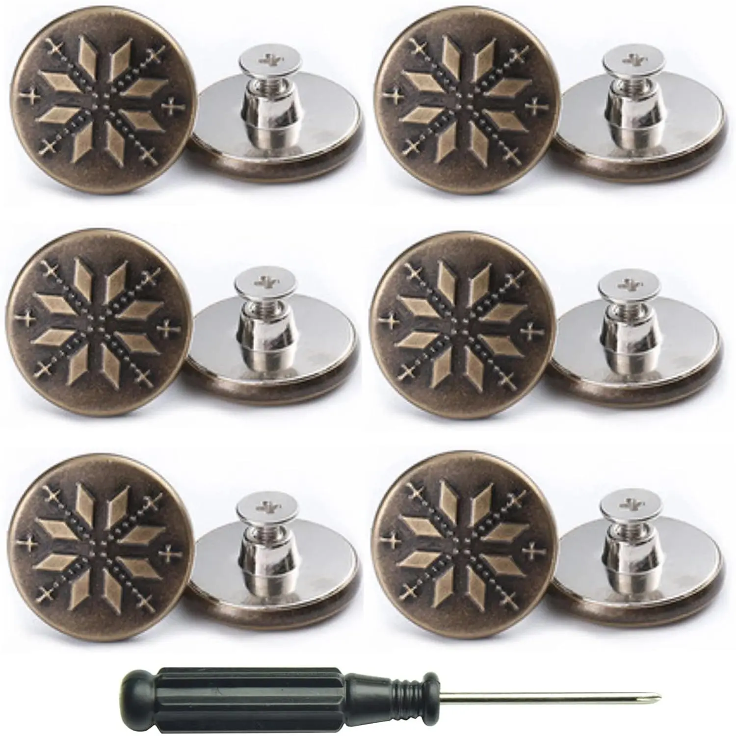12 count  Jean Button No Sew Screw Buttons, 20mm Removable Adjustable Metal Button Repair Sewing Kit with Screwdrivers, Pants  Tightener for Men, Women (Snowflake)