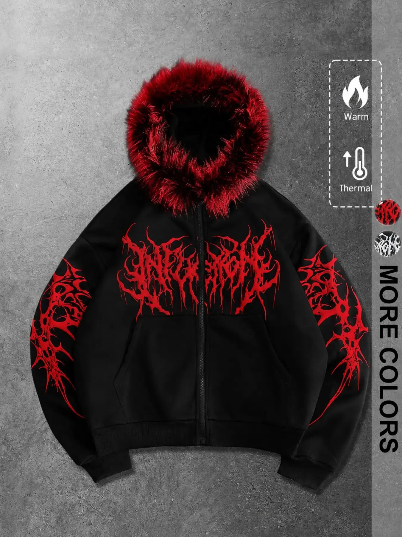 Dark Gothic Style Fur Collar Hooded Casual Loose Zipper Sweatshirt, Unisex Thickened Fleece Jacket, Thorn Letter Print, Loose Fit, Multicolor
