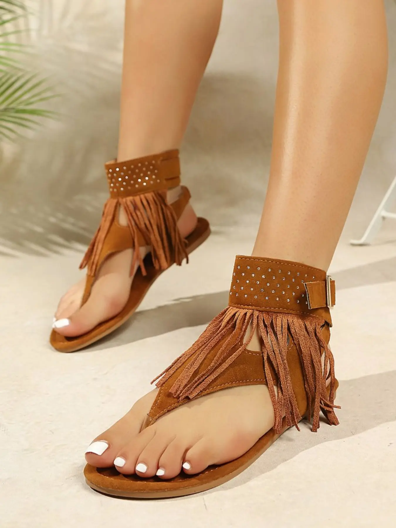 Women's Fringe Rhinestone Ankle Strap Thong Sandals, Boho Flat Flip Flop Gladiator Sandals, Summer Beach Casual Shoes