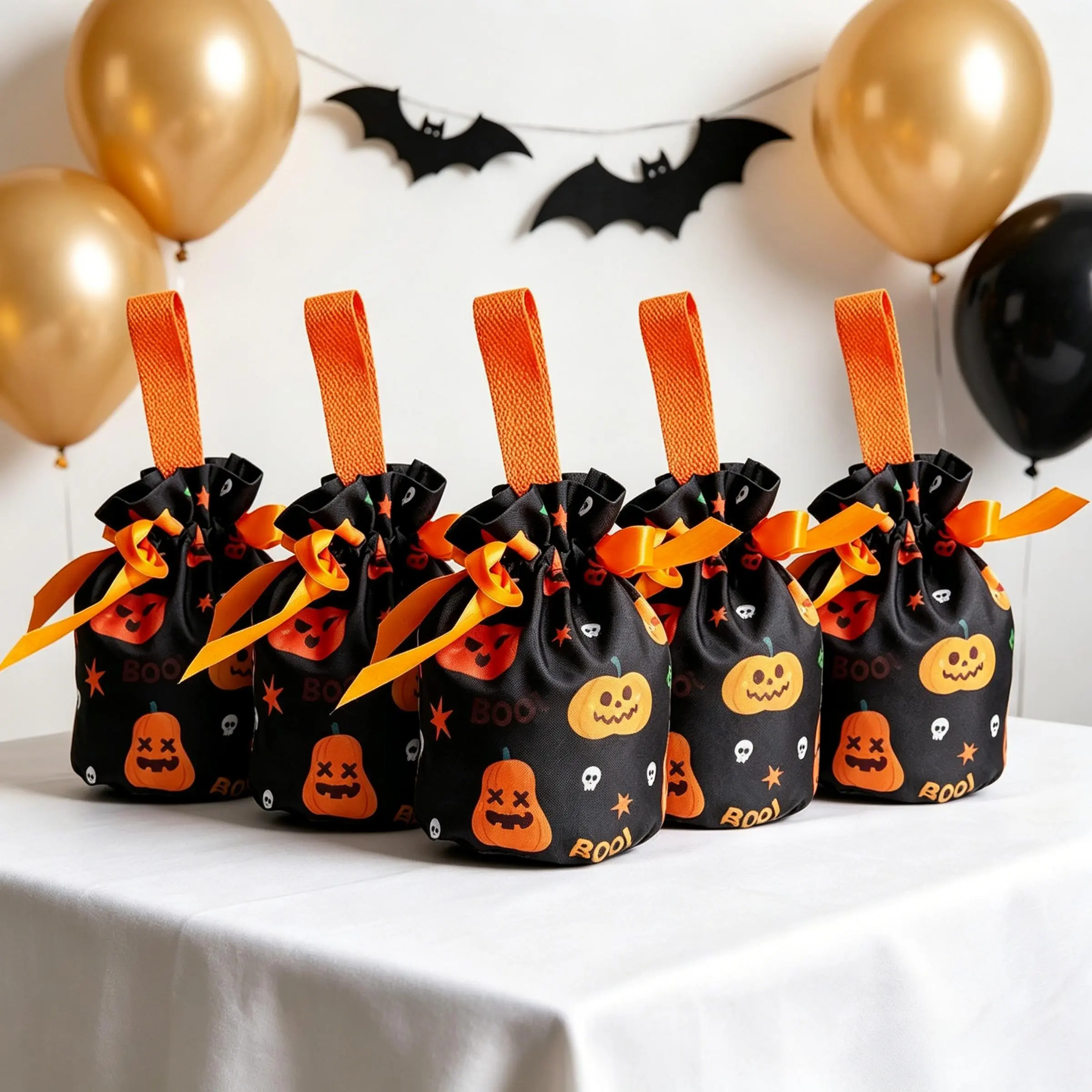 New Arrival Halloween Drawstring Gift Bags 5 Pack Kids Candy Treat Pouches, Reusable Pumpkin Skeleton Goodie Bags, For Trick Or Treat, Costume Party, Fall Harvest, Autumn Birthday, Spooky Night, Classroom Holiday Giveaways, Mini Holiday Gift Favors