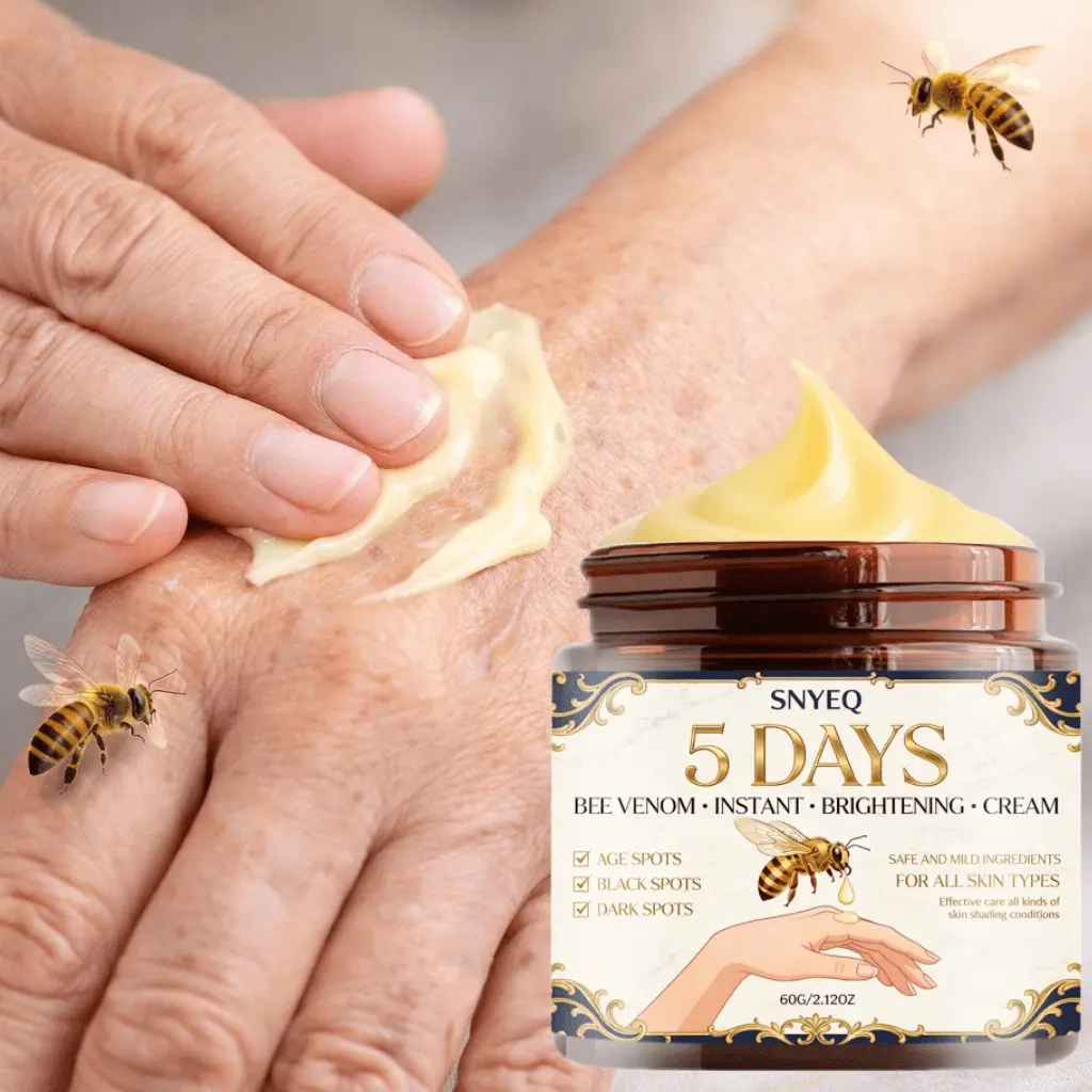 5-Day Bee Venom Instant Brightening Cream formulated with Niacinamide, Hyaluronic Acid and Vitamin C, targets age spots, dark spots and dull spots, features safe and gentle ingredients, suitable for all skin types,