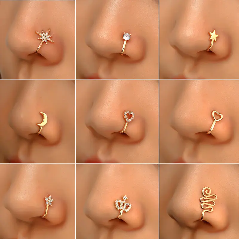 No Piercing Nose Cuff – Copper Cubic Zirconia Star Heart Crown Nose Clip Ring, Aesthetic Fake Nose Jewelry for Women