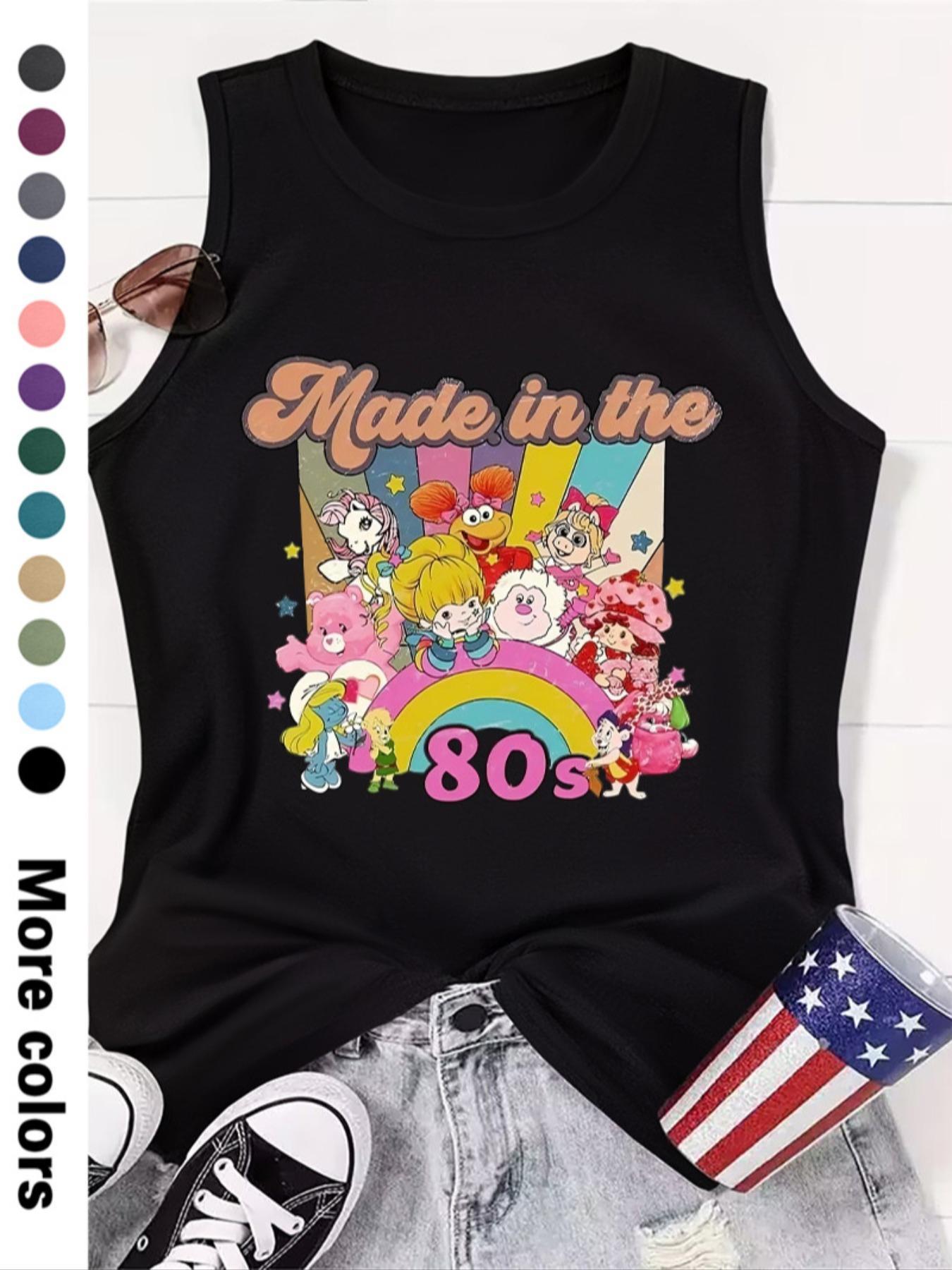 Fashionable Women's Cartoon Letter Print Round Neck Sleeveless Vest, Comfortable Knit Fabric, Summer Fitted Style, Available in 12 Colors