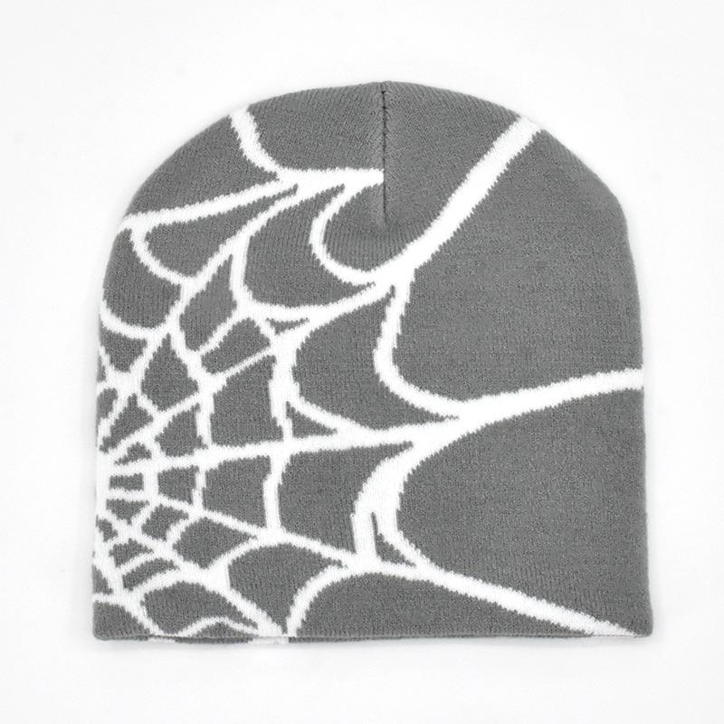 Dark Punk Streetwear Knit Beanie for Men Women, Spider Web Jacquard Design, Y2K Unisex Fall Winter Outdoor Cycling Hat, Warm Thermal Skull Cap for Urban Hip Hop Style