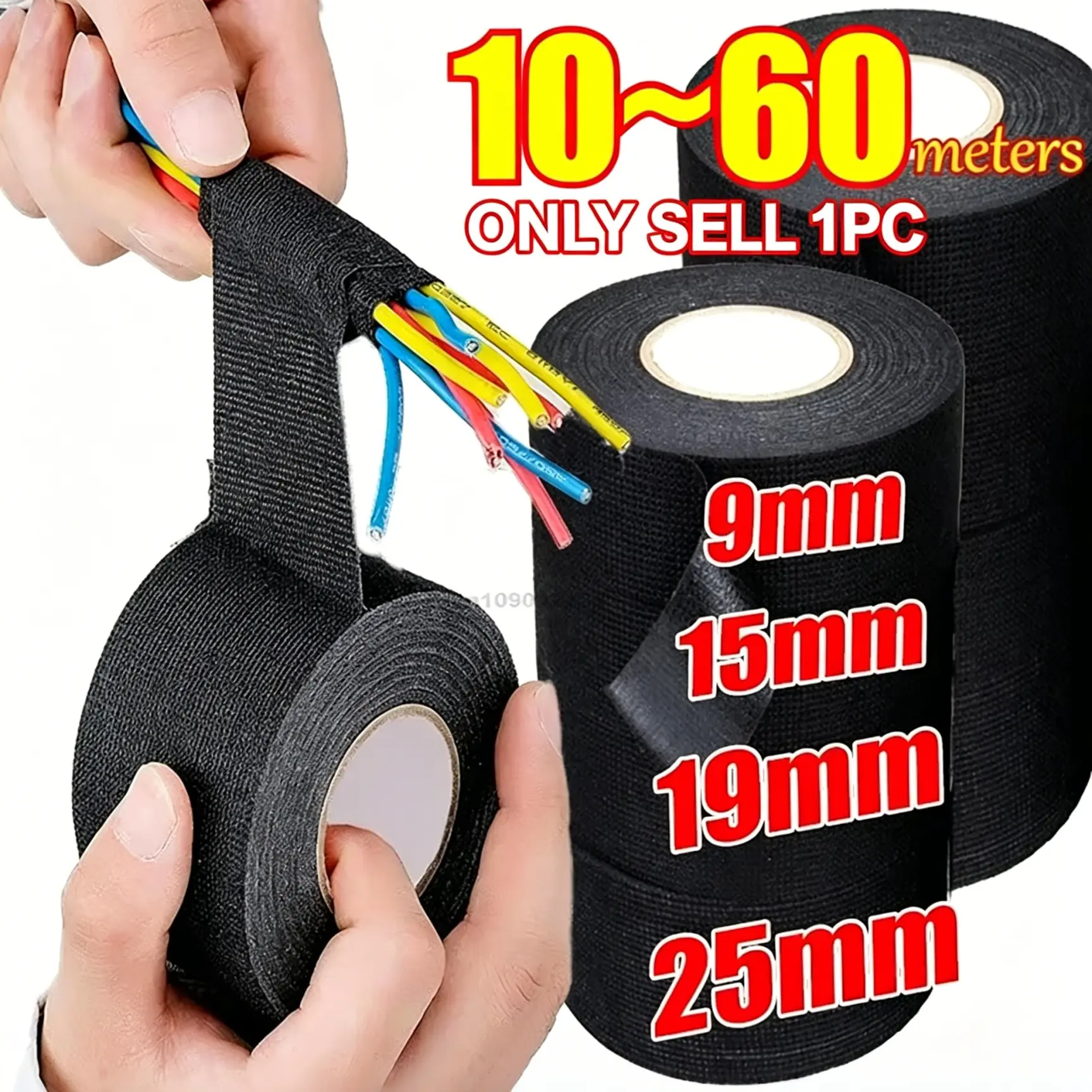 1-Roll Pack Multi-Spec 10m Heat-Resistant Flocked Cloth Tape, Soundproofing Tape | Automotive Sound Insulation, Wear-Resistant, Noise-Proof, Shock-Proof, Flame-Retardant, Automotive Wire Harness Organizing & Protection