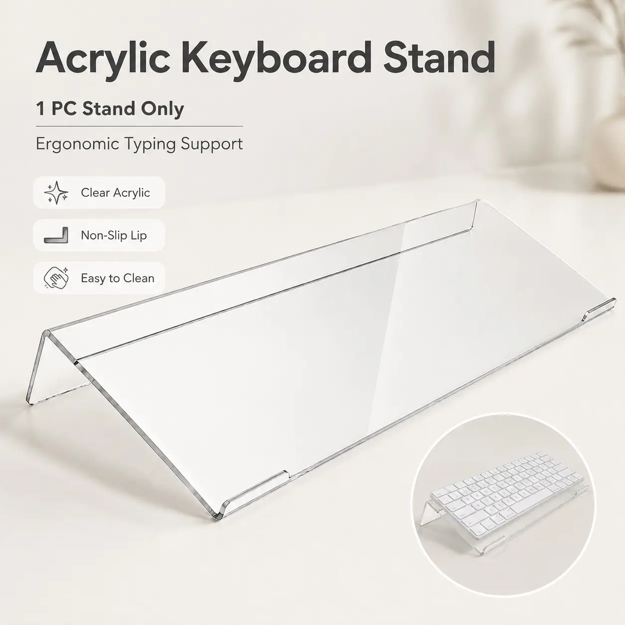 Mini Acrylic Keyboard Pad, Transparent, Tilted Computer Keyboard Stand, Ergonomic Typing Support, Office, Home, School Use, Lightweight