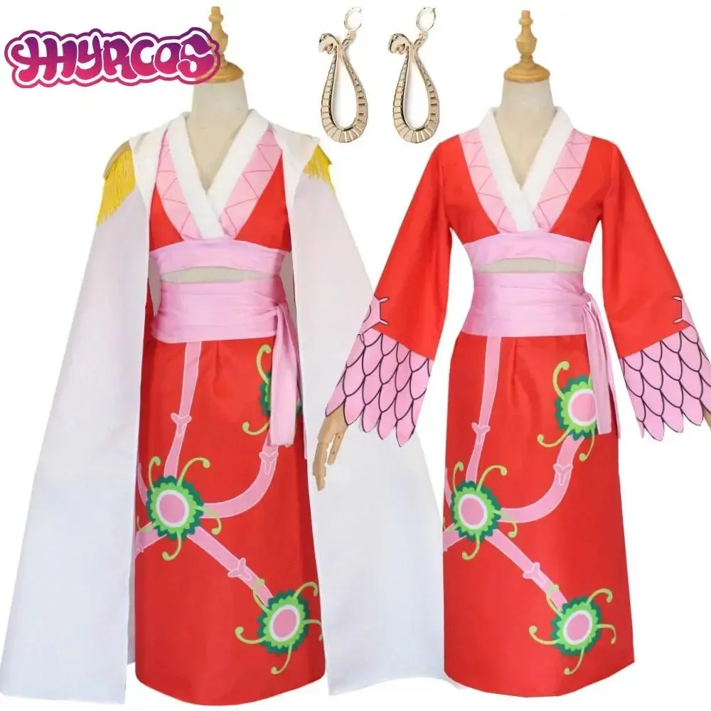 Women's Anime Boa Hancock Cosplay Costume - Sexy Empire Red Kimono Dress Uniform with Earrings, Adult Halloween Clothes, Cosplay Accessories for Trick Or Treat, Cartoon Watch Party