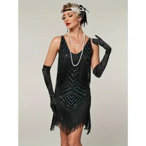 1920s Retro Sequin Gatsby Party Dress with Tassels, Short Sleeve Evening Gown for Banquets and Toasting Ceremonies - In Stock